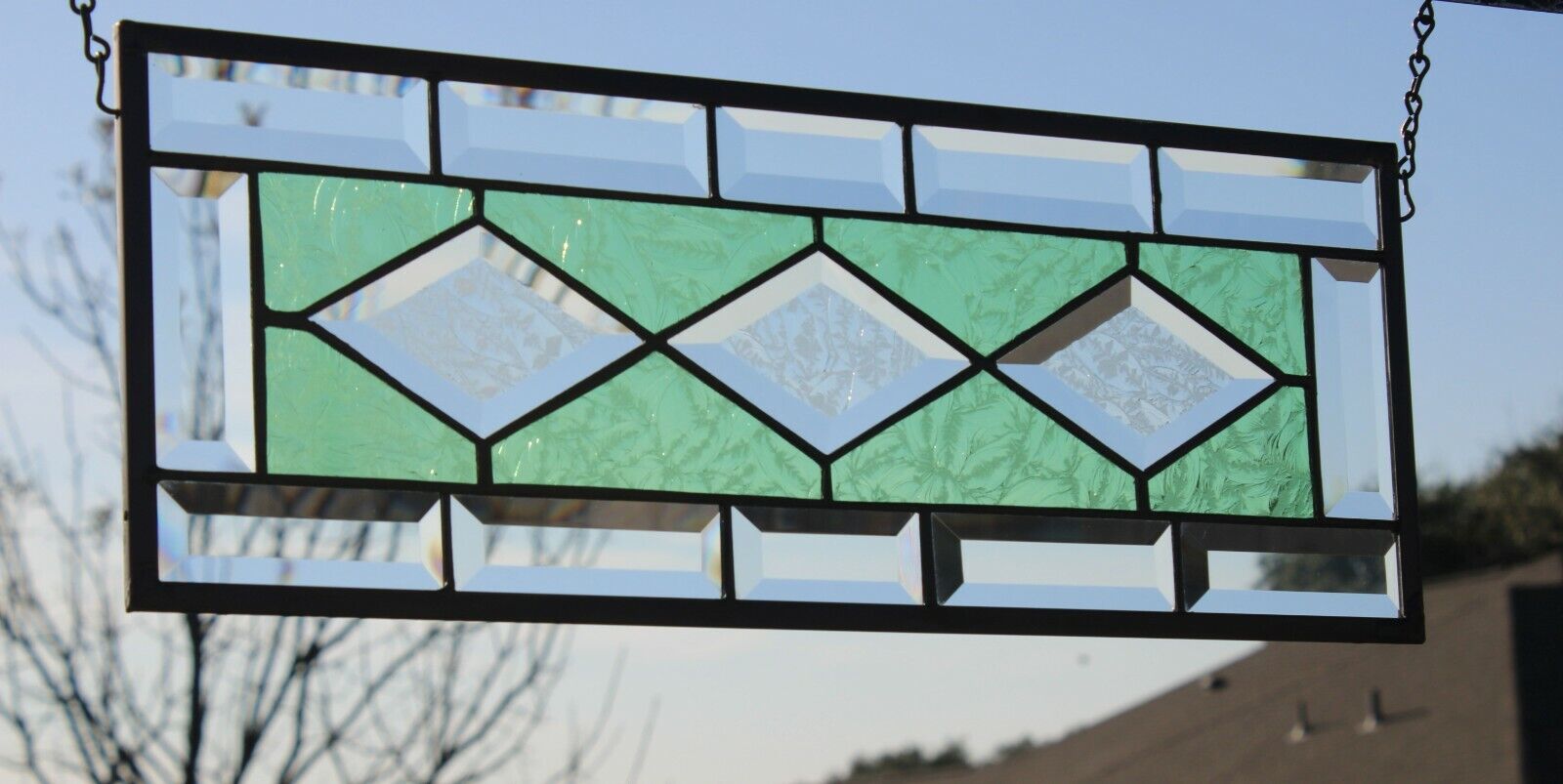 Medium Green Beveles Stained Glass Window Panel,≈ 19 1/2" X 7 1/2"