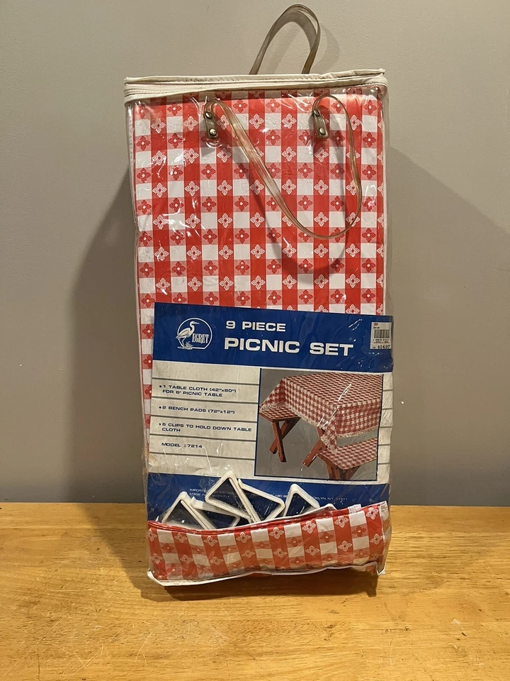 Vintage Egret Picnic Table 9 Piece Cover Red Gingham Check Tablecloth Vinyl Pad - Image 2 of 3