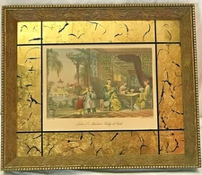 Vtg Gold Frame Glass Color Tinted Etching "Ladies of Mandarin's Family at Cards"