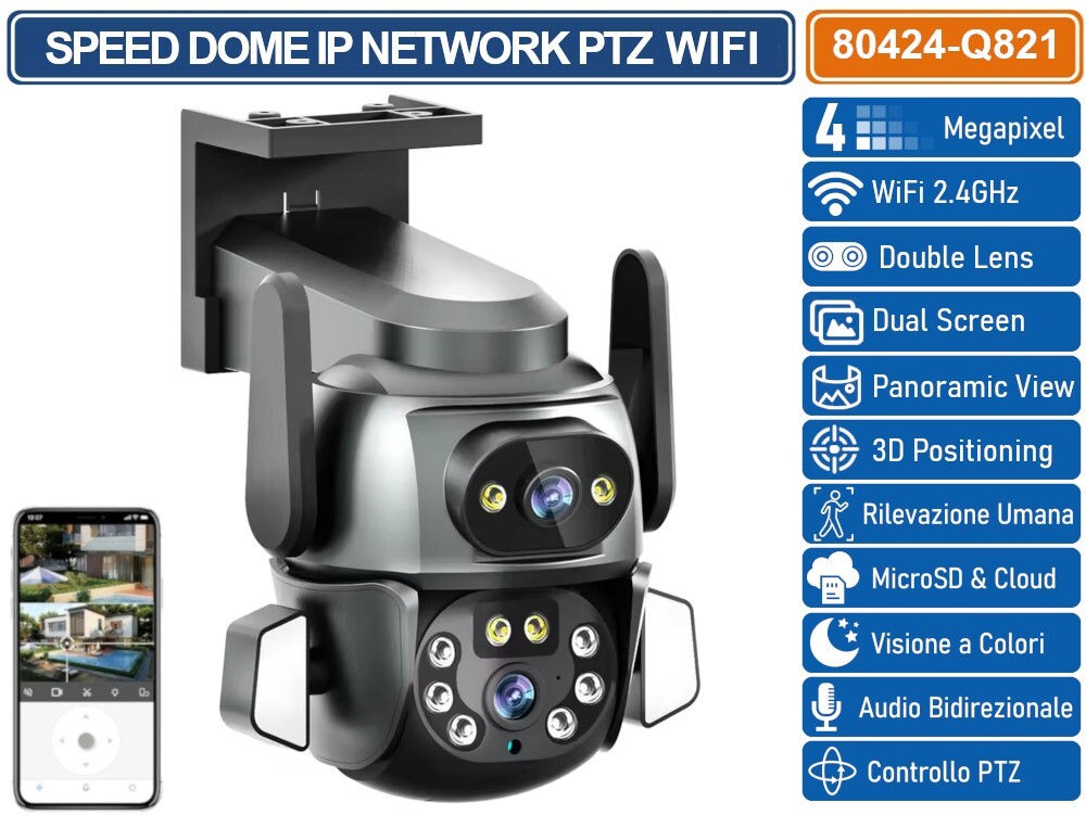 TELECAMERA SPEED DOME PTZ WIFI 4 MP DOUBLE LENS AUTOTRACKING RICONOSCOMENTO UMAN