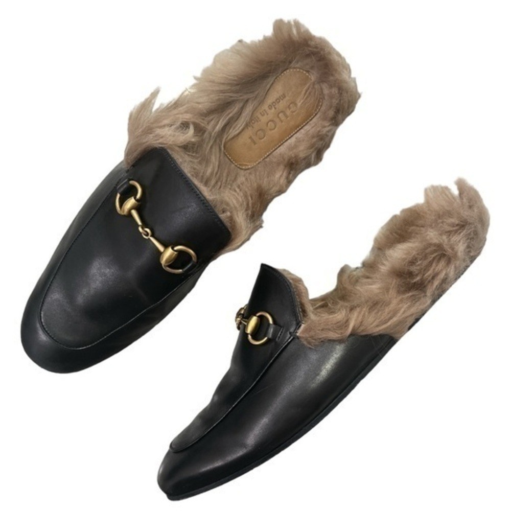 GUCCI Men’s Princetown Lamb Wool Lined Black Leather Slipper Mules Size 9 image 2