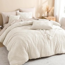 King Size Comforter Set Beige, 3 Pieces Cream Tufted Boho Farmhouse Bedding Comf