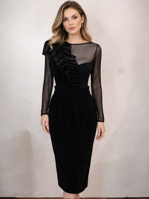 Chiara Boni La Petite Robe Ruffle Front Illusion Velvet Dress Black IT 48 US 12
