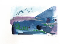 Blue Hour Painting, Original Art, Night Abstract Landscape, Acrylic on Paper