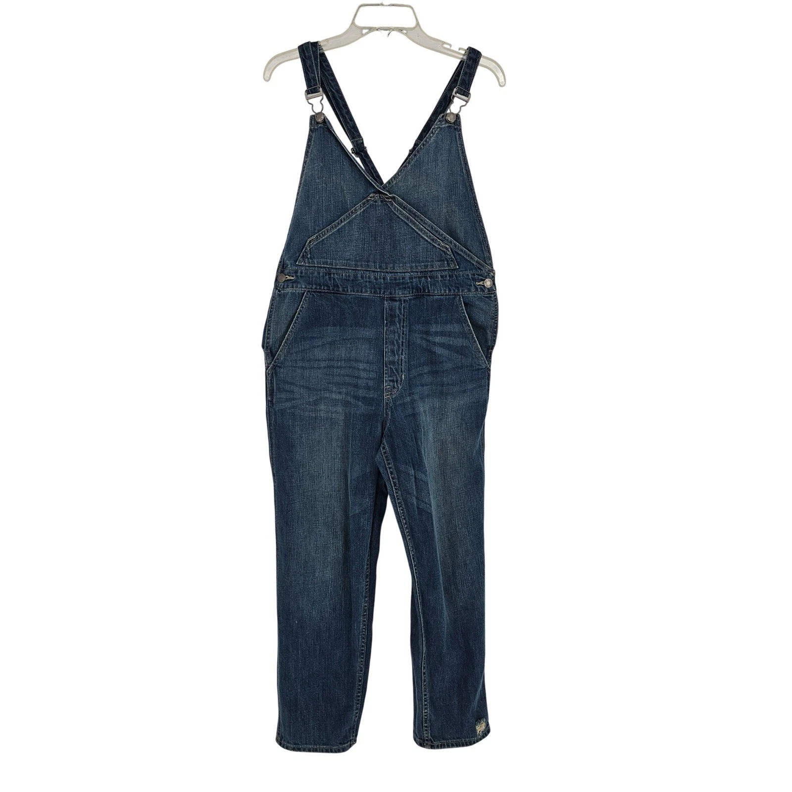Gap Distressed Denim Overalls M Medium Wash Straight Crop Casual Retro Utility