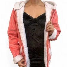 Pink and white faux fur hooded jacket with zipper