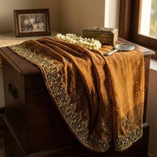 Sanskriti Vintage Brown Sarees Georgette Hand Beaded Craft Fabric Premium Sari
