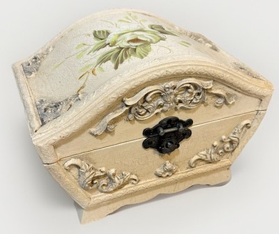 Vintage Style Shabby Chic Jewelry Box Cream Floral Distressed Wood Velvet Lined