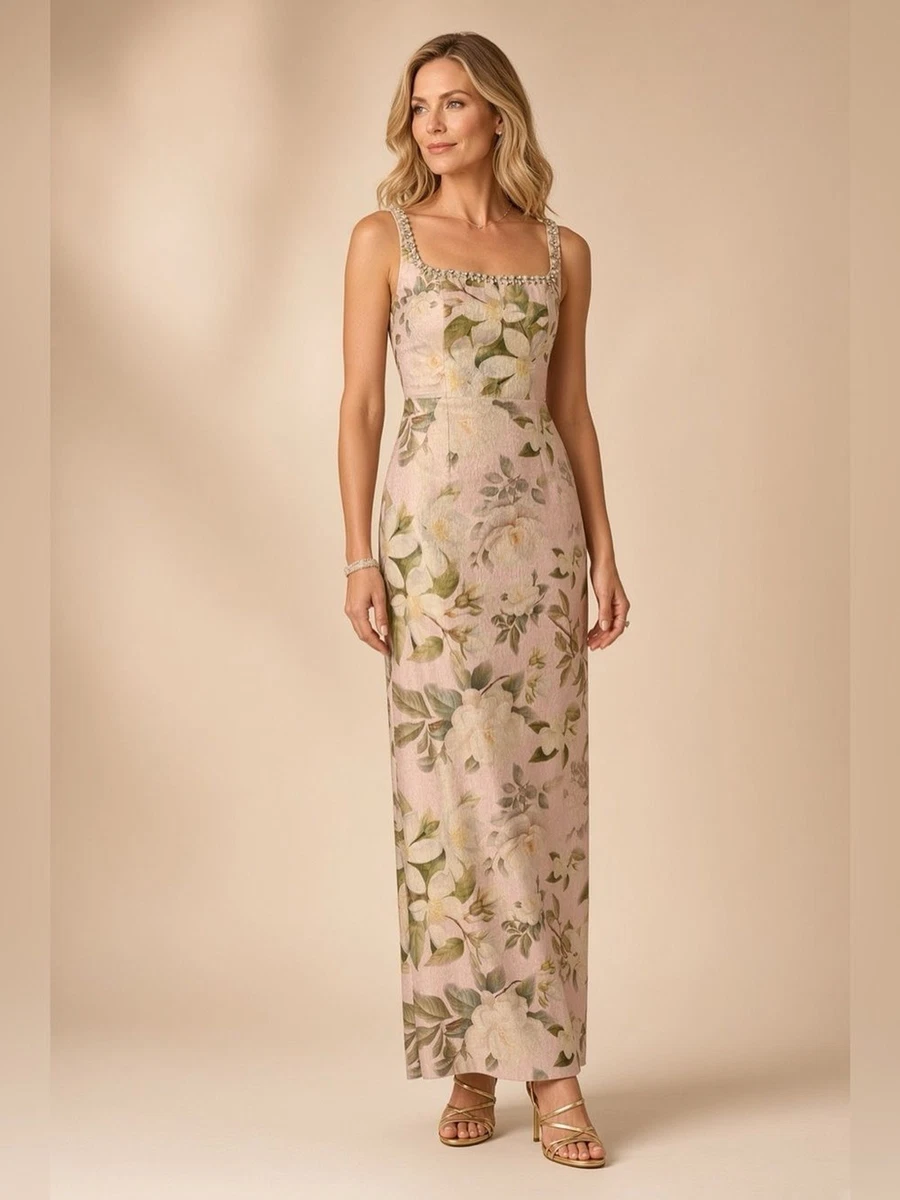 Maxi Vestido Adrianna Papell Rosa Floral Cuello Cuadrado Jacquard Talla 2 Nuevo con Etiquetas