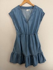 GAP Dress XS Chambray Ruffle Hem Tiered V-Neck Tencel Cotton Light Washed Blue