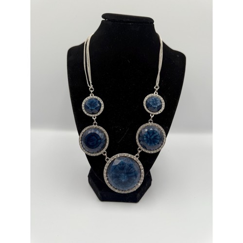 Blue Statement Necklace Silver Tone Faceted Disc Rhinestone Accents