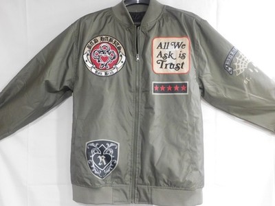Men s Green Bomber Jacket   Streetwear Patchwork Graphic Zip-Up Size ( L)