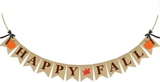 ERKOON Burlap Banner Happy Fall Sign Pumpkin Flag Rustic Natural Brown 
