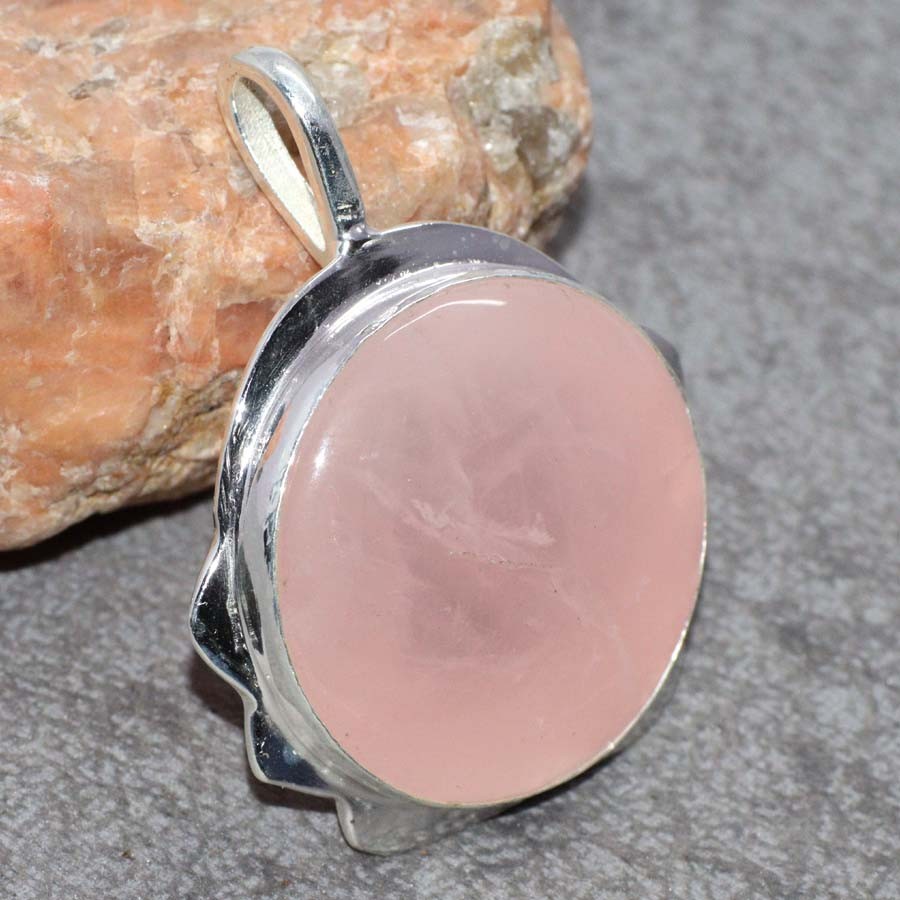 Fine Finish Rose Quartz 925 Silver Plated Round Handmade Pendant 1.7 Inches Jewelry-image