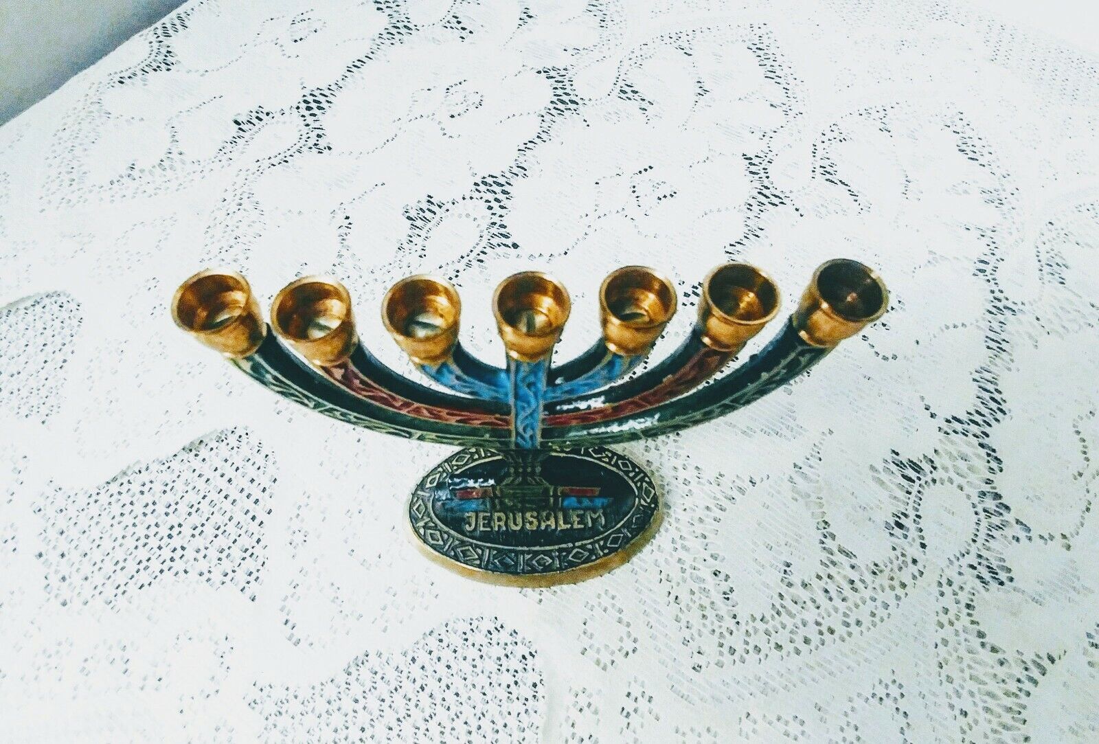 Gold Jerusalem Menorah, Decorative Judaica Candle Holder 7 Branch Shalom  Israel Menorah Jewish Festival 10.8 High