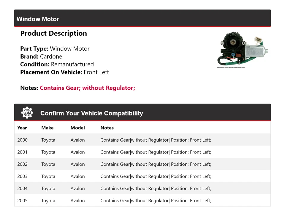 Для 2000-2005 Toyota Avalon окно мотор передний левый Cardone 2001 2002 2003 2004 - Изображение 2 из 4