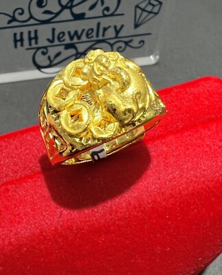 24K Yellow Gold Square Fu Dog, Pi Xiu Lucky Design Ring Size
