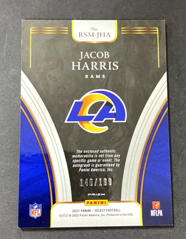 2021 PANINI SELECT JACOB HARRIS AUTO JERSEY RC 146/199 LOS ANGELES RAMS - Image 2 of 2