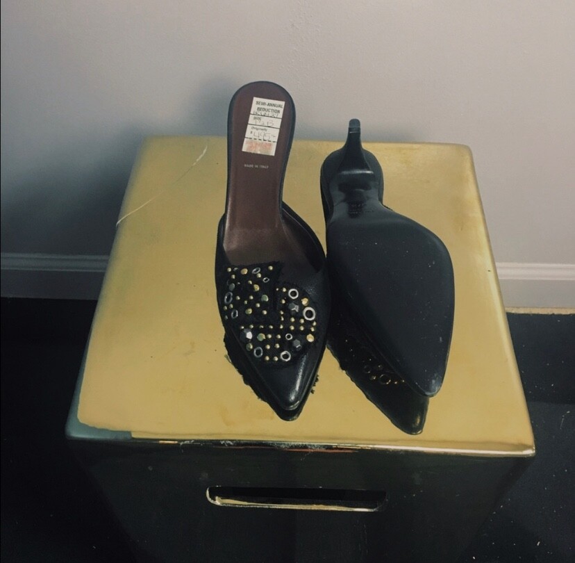 Authentic Vintage black Prada kitten heel mules with fringe stud