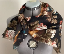 Woodward scarf brown orange gold blue floral  blend fringe 30" x 30"