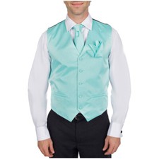Men's Solid Aqua Satin Tuxedo Vest Necktie  Hanky Set for Formals Weddings  NWT
