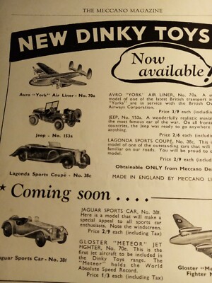 Tv1 Ephemera 1947 Werbung Dinky Toys Jeep Gloster Meteor Jet Lagonda Coupe 