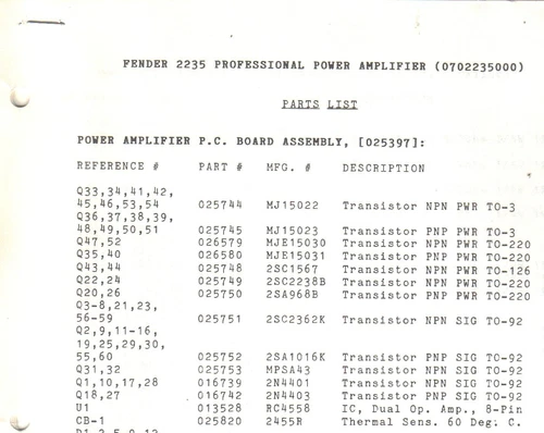 Parts List-Schematic-Wiring Diagram FENDER 2235 Professional Power Amplifier Amp