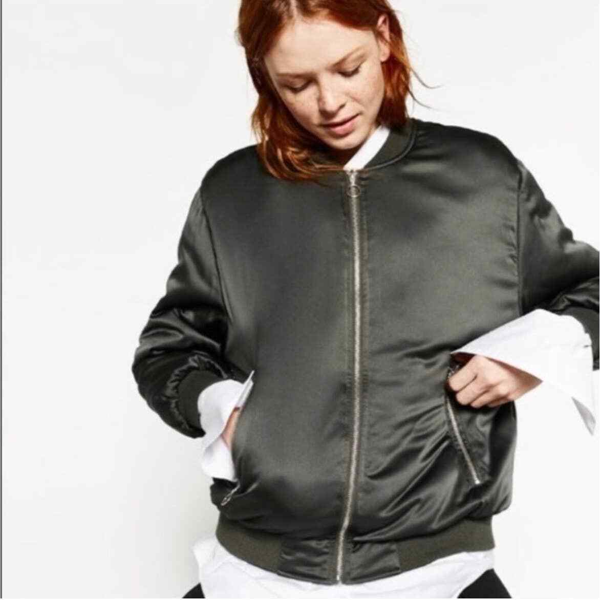 Zara Basic Satin Effect Bomber Jacket Size XS Kha… - image 1