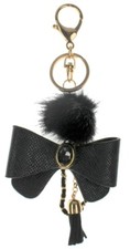 Black Bow with Tassel and Fur Puff Key Chain Fob Phone Purse Charm Gold Toned