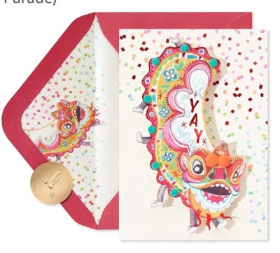 Papyrus Blank New Year Card (Lion's Parade) Chinese Dragon Pom Pom Accents 