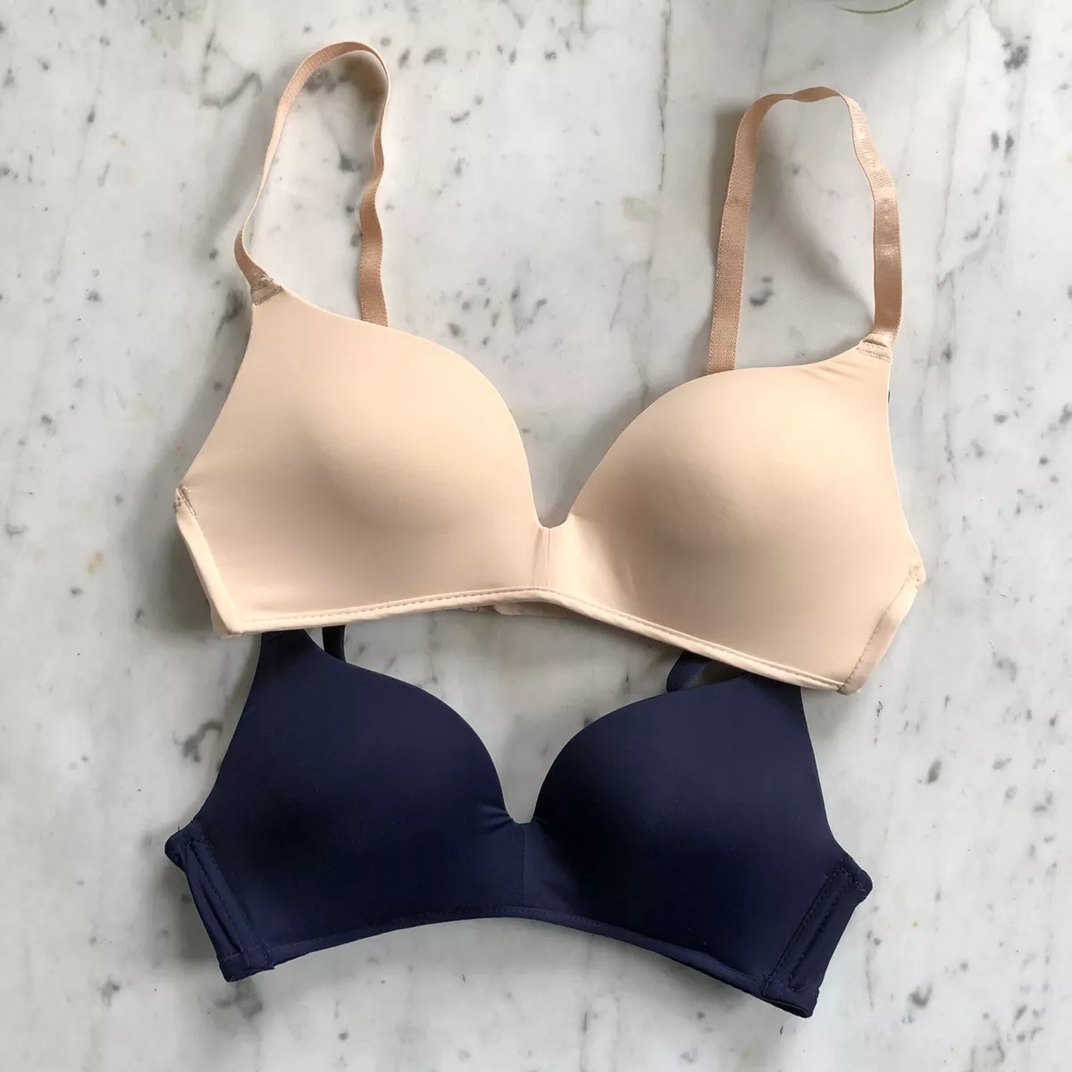 2 Brand New Nude & Navy Blue Bras 32A Adjustable Straps Wireless