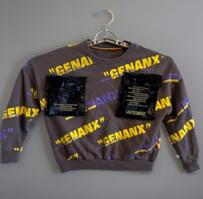 GENANX Streetwear Sweatshirt Size Small - Gray with Bold Yellow & Purple Print,