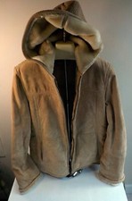 Esprit Zipper Front Hooded Faux Fur Lined Suede Coat Beige Leather Sz Large
