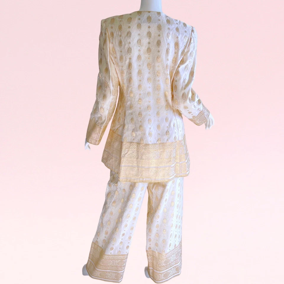 Conjunto de pantalón de boda indio bordado metal seda dorado Mary McFadden Couture años 80 Foto 4 de 4