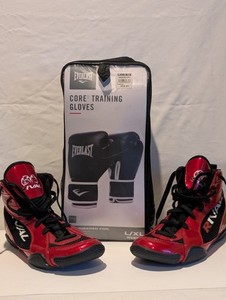 Everlast Core Training Gloves L/XL & Rival Boxing Shoes Shiny Red Size US 8