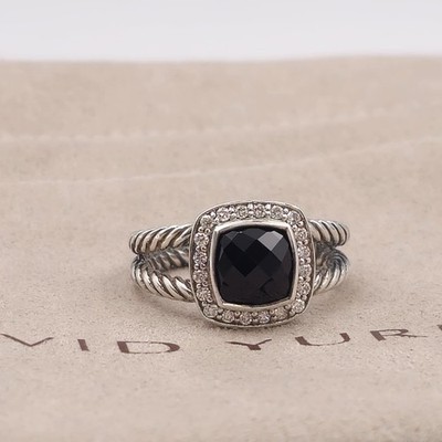 David Yurman 925 Sterlingsilber Petite Albion Ring schwarzer Onyx & Diamanten Größe 6