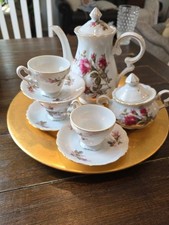 Floral Porcelain Tea Set Glazed White Pink Green Gold Teapot Sugar Bowl 3 Cups