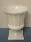 Vintage Milk Glass Paneled Scalloped Vase Urn Compote Square Pedestal Base