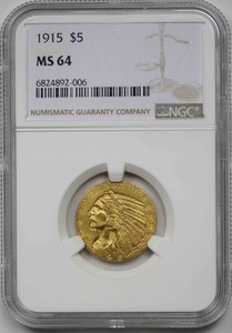 1915 $5 NGC MS 64 Indian Head Gold Half Eagle