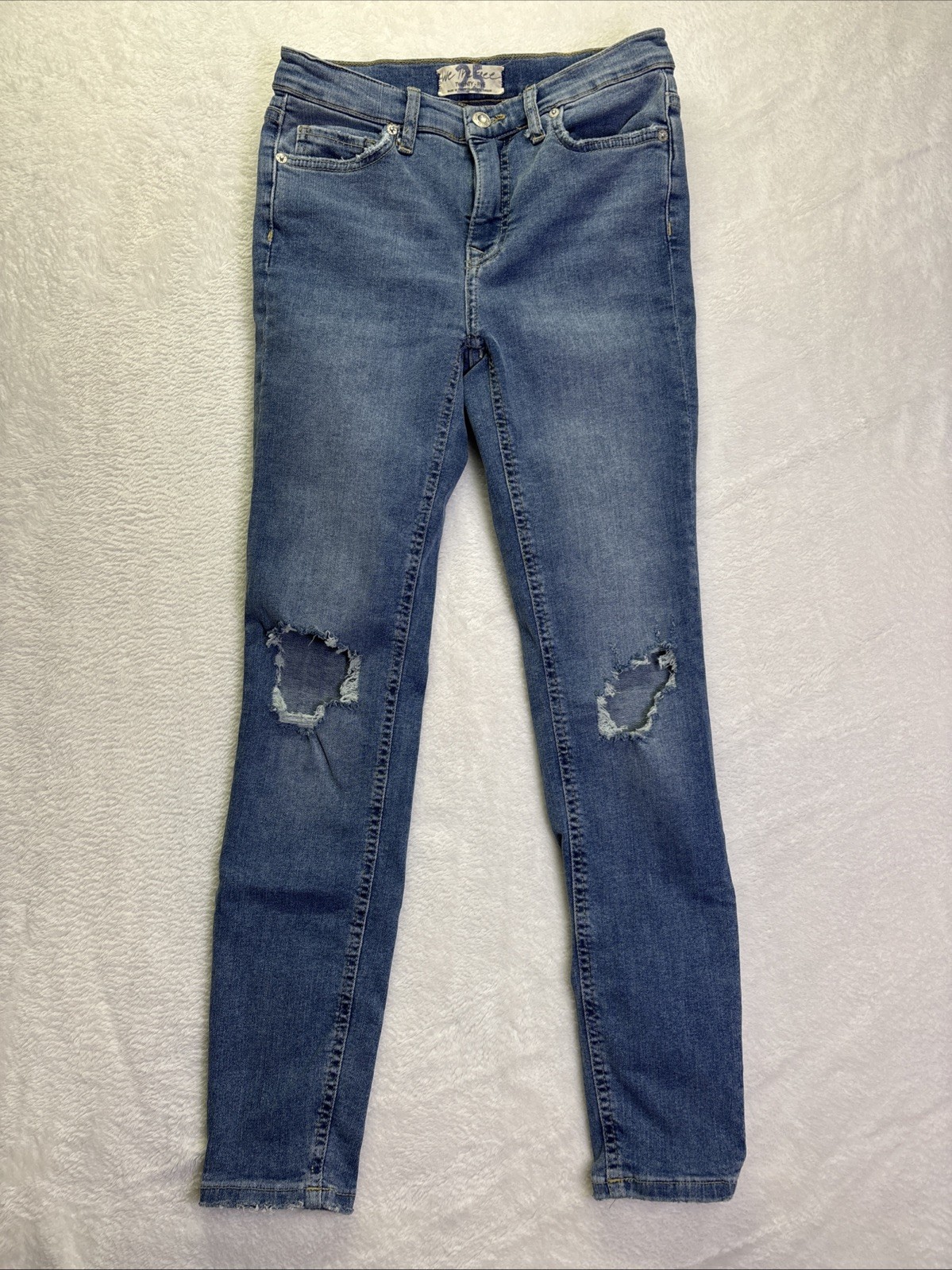 We The Free Women’s Blue Denim Distressed Jeans Size 25 Skinny Mid-rise Light Wh