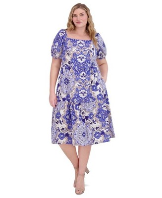 Vince Camuto Plus Size Floral-Print Square-Neck Dress 18W Blue Multi Zip Closure