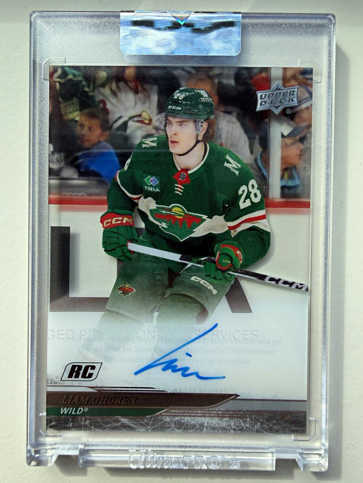 Upper Deck Clear Cut Rookies Liam Ohgren CC-LO Rookie Auto Minnesota Wild
