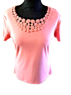 Julipa Size10 T-shirt short sleeve floral neck detail stretch orange/peach NWT
