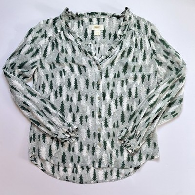 Women s Maeve Anthropologie Green Tree Pattern Print Top Shirt Blouse size 2