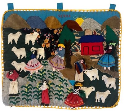 VTG Peruvian Arpillera Folk Art 3D Applique Tapestry Wall Hanging 19x16 Handmade
