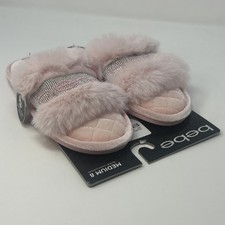 NEW Blush Pink BEBE Fuzzy Rhinestone Slippers Memory Foam Sz 8 Indoor/Outdoor