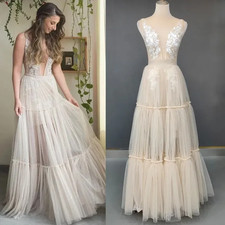 Backless Bridal Gowns Flowing Tulle Wedding Dress with V-Neck Tiered Mesh