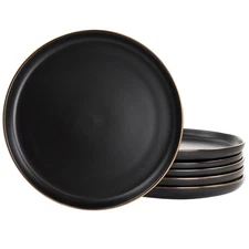 Paul 6 Piece Stoneware Dinner Plate Set in Matt Black with Gold Rim