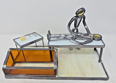 Carl Goeller Stained Glass Surgeon Operating Doctor Desk Decor card holder Vtg