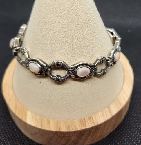 Karen Lynne 925 Sterling Silver Marcasite Pink Cabochon Link Bracelet 7" VTG